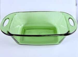 Vintage MCM ANCHOR HOCKING GREEN GLASS RECTANGLE LOAF PAN 1.5 QT 5x9 USA